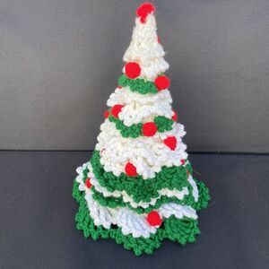 Vintage Hand Crochet Christmas Tree Decoration Green White Red 10”